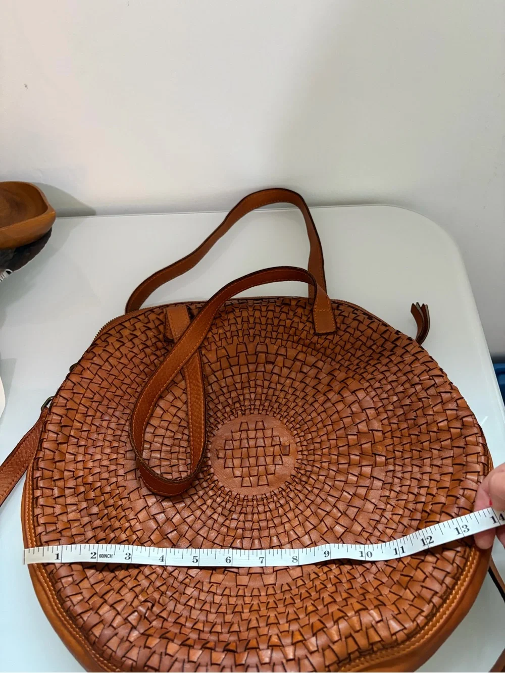 Sundance Woven Round Tote Leather with shoulder Handles Crossbody Cognac Brown